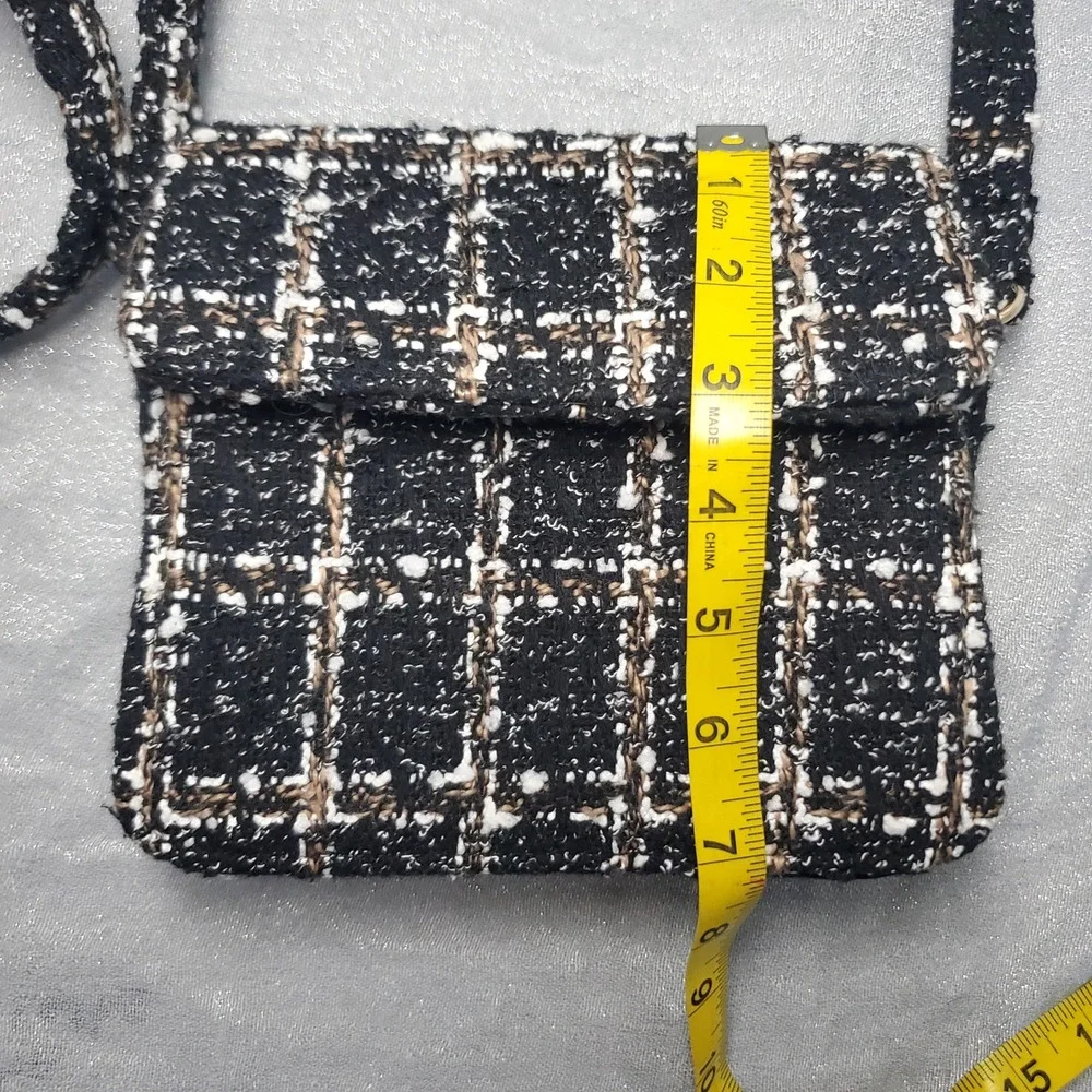 Black White Tan Plaid Tweed Crossbody Flap‎ Shoulder Purse Chic Old Money Woven